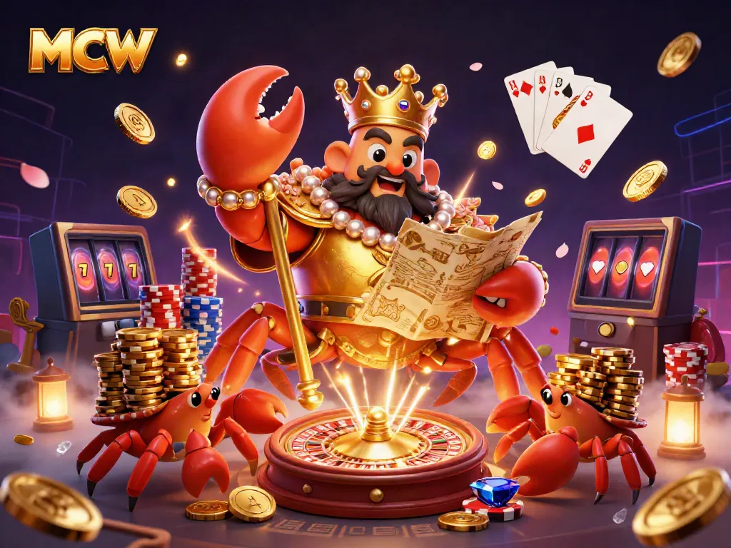 Experience the thrill of MCW with a vibrant 3D casino scene showcasing the golden crab emperor, roulette wheel, and sparkling gems.