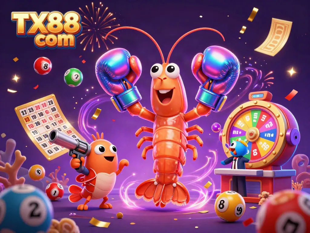 Experience the excitement of TX88 com with vibrant gambling elements and characters in celebration.